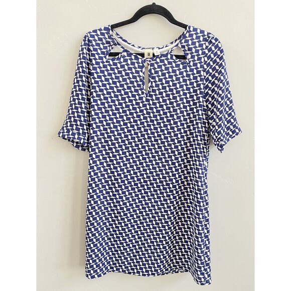 Needle & Thread Dress Women M Medium Blue Geometric Sheath Midi Round Neck Lined - Picture 1 of 5
